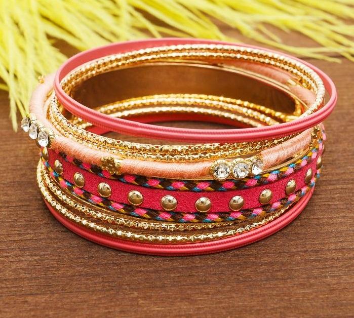 картинка Браслет-кольца 8 колец "Плетение" радуга, цвет розовый в золоте от интернет-магазина товаров для женщин и детей Odewashka.by